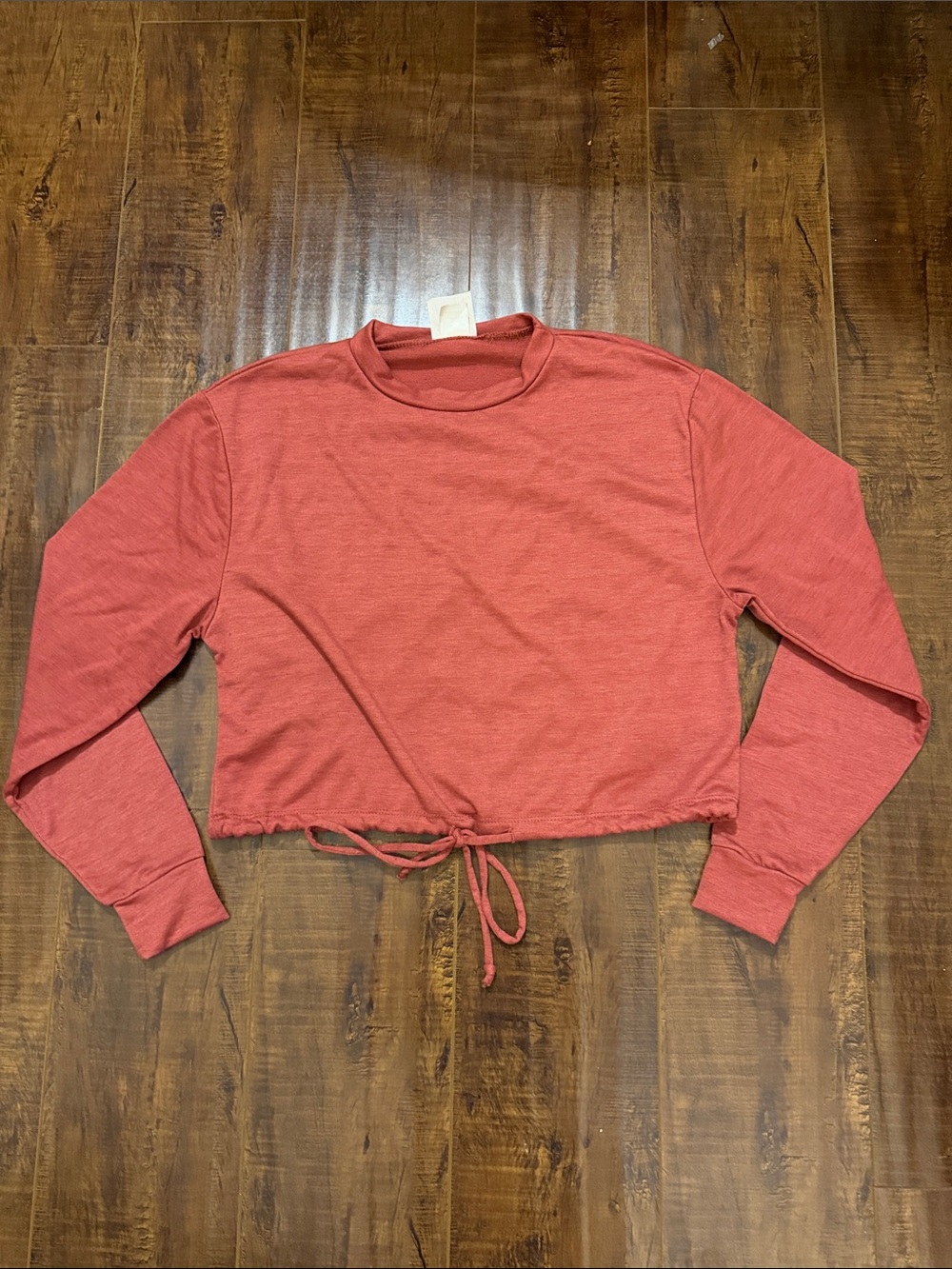 Cropped Tie-Hem Long Sleeve Crewneck Sweatshirt - Rust
